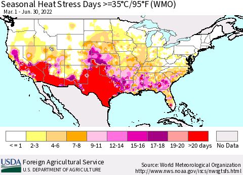 United States Seasonal Heat Stress Days >=35°C/95°F (WMO) Thematic Map For 3/1/2022 - 6/30/2022