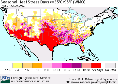United States Seasonal Heat Stress Days >=35°C/95°F (WMO) Thematic Map For 3/1/2022 - 7/10/2022