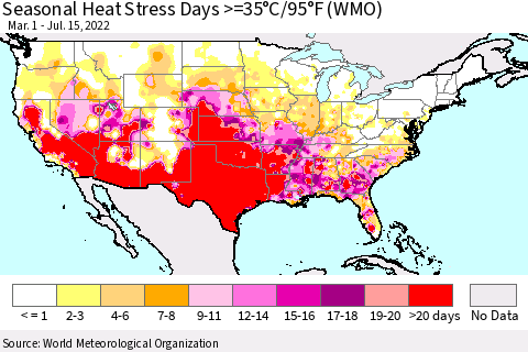 United States Seasonal Heat Stress Days >=35°C/95°F (WMO) Thematic Map For 3/1/2022 - 7/15/2022