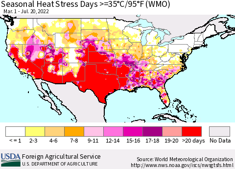 United States Seasonal Heat Stress Days >=35°C/95°F (WMO) Thematic Map For 3/1/2022 - 7/20/2022