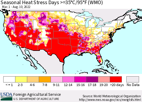 United States Seasonal Heat Stress Days >=35°C/95°F (WMO) Thematic Map For 3/1/2022 - 8/10/2022