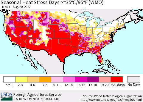 United States Seasonal Heat Stress Days >=35°C/95°F (WMO) Thematic Map For 3/1/2022 - 8/20/2022