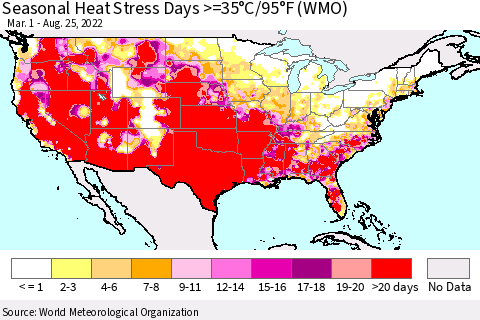 United States Seasonal Heat Stress Days >=35°C/95°F (WMO) Thematic Map For 3/1/2022 - 8/25/2022