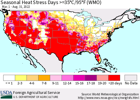 United States Seasonal Heat Stress Days >=35°C/95°F (WMO) Thematic Map For 3/1/2022 - 8/31/2022