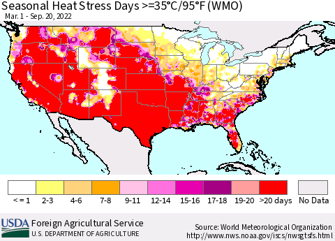 United States Seasonal Heat Stress Days >=35°C/95°F (WMO) Thematic Map For 3/1/2022 - 9/20/2022