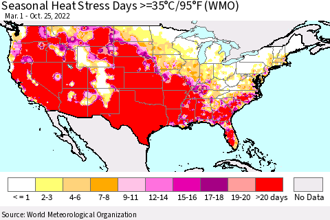 United States Seasonal Heat Stress Days >=35°C/95°F (WMO) Thematic Map For 3/1/2022 - 10/25/2022