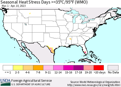 United States Seasonal Heat Stress Days >=35°C/95°F (WMO) Thematic Map For 3/1/2023 - 4/10/2023