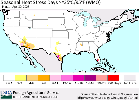 United States Seasonal Heat Stress Days >=35°C/95°F (WMO) Thematic Map For 3/1/2023 - 4/30/2023
