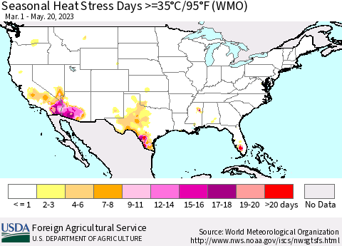 United States Seasonal Heat Stress Days >=35°C/95°F (WMO) Thematic Map For 3/1/2023 - 5/20/2023