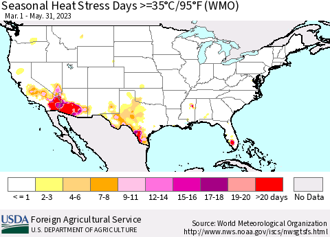 United States Seasonal Heat Stress Days >=35°C/95°F (WMO) Thematic Map For 3/1/2023 - 5/31/2023
