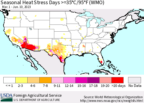 United States Seasonal Heat Stress Days >=35°C/95°F (WMO) Thematic Map For 3/1/2023 - 6/10/2023
