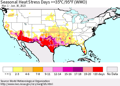 United States Seasonal Heat Stress Days >=35°C/95°F (WMO) Thematic Map For 3/1/2023 - 6/30/2023