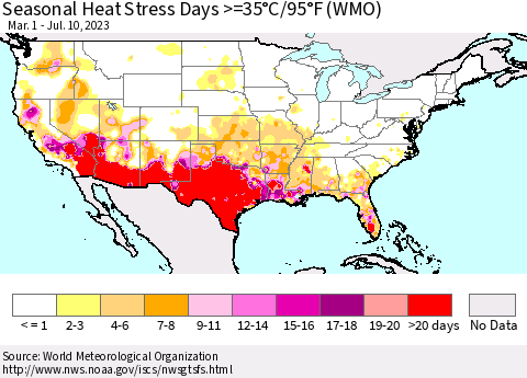 United States Seasonal Heat Stress Days >=35°C/95°F (WMO) Thematic Map For 3/1/2023 - 7/10/2023
