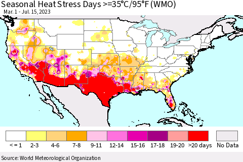 United States Seasonal Heat Stress Days >=35°C/95°F (WMO) Thematic Map For 3/1/2023 - 7/15/2023