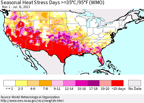 United States Seasonal Heat Stress Days >=35°C/95°F (WMO) Thematic Map For 3/1/2023 - 7/31/2023