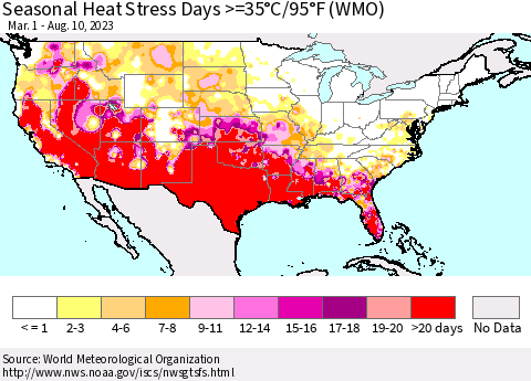 United States Seasonal Heat Stress Days >=35°C/95°F (WMO) Thematic Map For 3/1/2023 - 8/10/2023