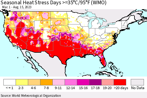 United States Seasonal Heat Stress Days >=35°C/95°F (WMO) Thematic Map For 3/1/2023 - 8/15/2023