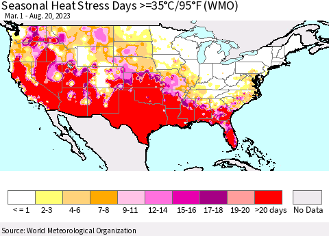 United States Seasonal Heat Stress Days >=35°C/95°F (WMO) Thematic Map For 3/1/2023 - 8/20/2023