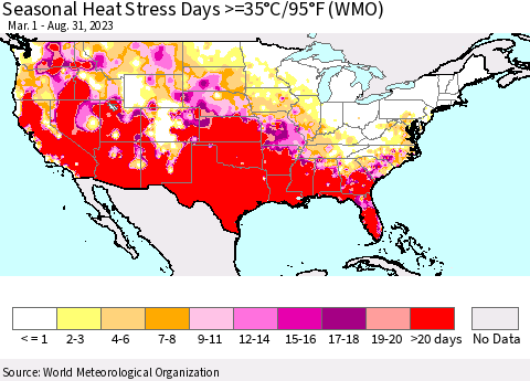 United States Seasonal Heat Stress Days >=35°C/95°F (WMO) Thematic Map For 3/1/2023 - 8/31/2023