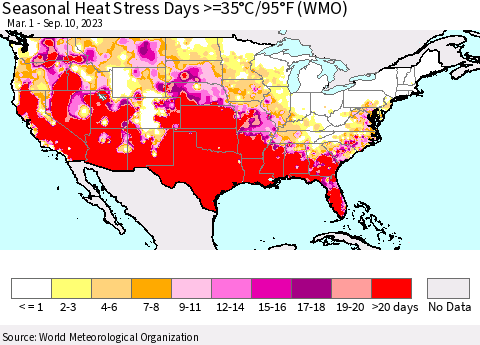 United States Seasonal Heat Stress Days >=35°C/95°F (WMO) Thematic Map For 3/1/2023 - 9/10/2023