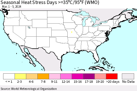 United States Seasonal Heat Stress Days >=35°C/95°F (WMO) Thematic Map For 3/1/2024 - 3/5/2024