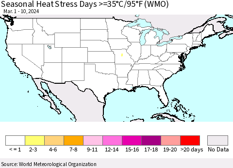 United States Seasonal Heat Stress Days >=35°C/95°F (WMO) Thematic Map For 3/1/2024 - 3/10/2024