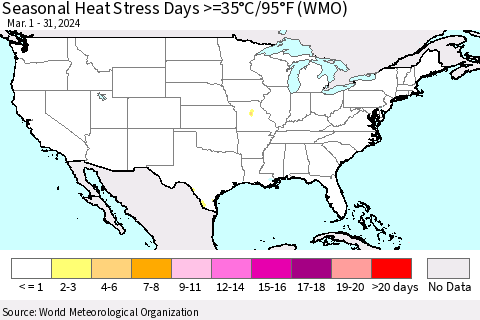 United States Seasonal Heat Stress Days >=35°C/95°F (WMO) Thematic Map For 3/1/2024 - 3/31/2024