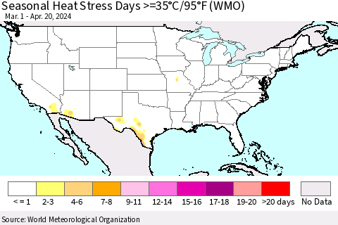 United States Seasonal Heat Stress Days >=35°C/95°F (WMO) Thematic Map For 3/1/2024 - 4/20/2024