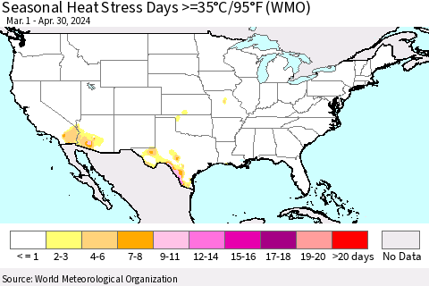United States Seasonal Heat Stress Days >=35°C/95°F (WMO) Thematic Map For 3/1/2024 - 4/30/2024