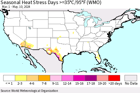 United States Seasonal Heat Stress Days >=35°C/95°F (WMO) Thematic Map For 3/1/2024 - 5/10/2024