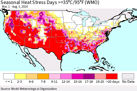 United States Seasonal Heat Stress Days >=35°C/95°F (WMO) Thematic Map For 3/1/2024 - 8/5/2024