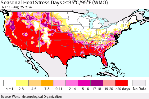 United States Seasonal Heat Stress Days >=35°C/95°F (WMO) Thematic Map For 3/1/2024 - 8/25/2024