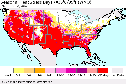 United States Seasonal Heat Stress Days >=35°C/95°F (WMO) Thematic Map For 3/1/2024 - 10/20/2024