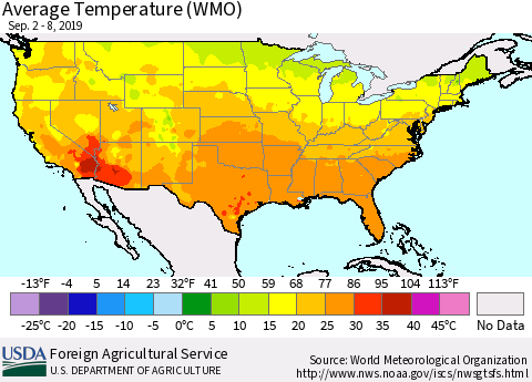 United States Average Temperature (WMO) Thematic Map For 9/2/2019 - 9/8/2019