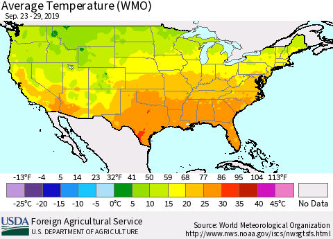United States Average Temperature (WMO) Thematic Map For 9/23/2019 - 9/29/2019