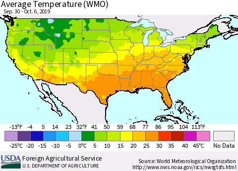 United States Average Temperature (WMO) Thematic Map For 9/30/2019 - 10/6/2019