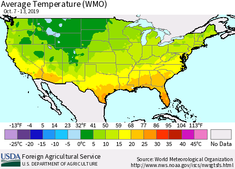 United States Average Temperature (WMO) Thematic Map For 10/7/2019 - 10/13/2019