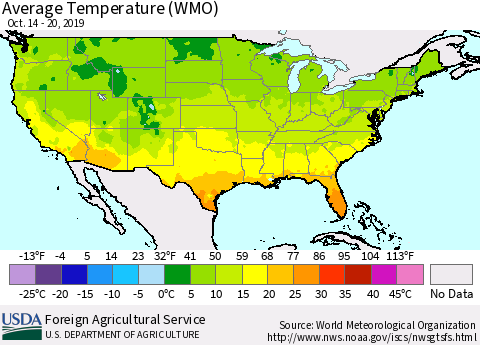 United States Average Temperature (WMO) Thematic Map For 10/14/2019 - 10/20/2019