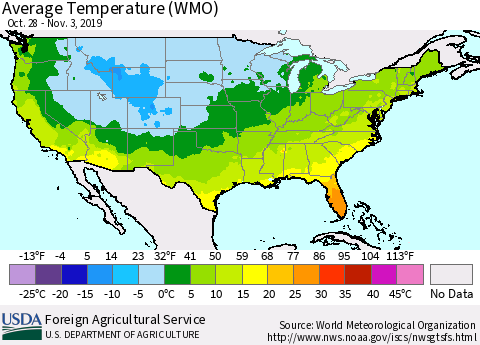 United States Average Temperature (WMO) Thematic Map For 10/28/2019 - 11/3/2019