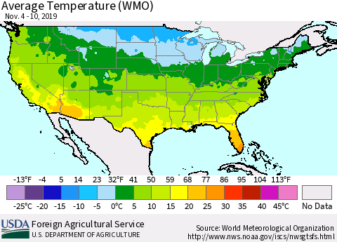 United States Average Temperature (WMO) Thematic Map For 11/4/2019 - 11/10/2019