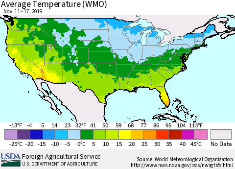United States Average Temperature (WMO) Thematic Map For 11/11/2019 - 11/17/2019