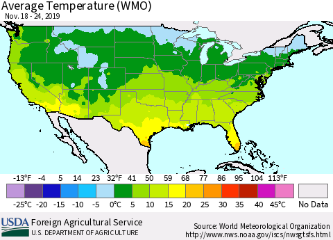 United States Average Temperature (WMO) Thematic Map For 11/18/2019 - 11/24/2019
