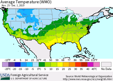 United States Average Temperature (WMO) Thematic Map For 11/25/2019 - 12/1/2019
