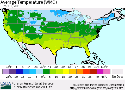United States Average Temperature (WMO) Thematic Map For 12/2/2019 - 12/8/2019