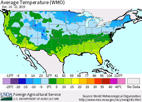 United States Average Temperature (WMO) Thematic Map For 12/16/2019 - 12/22/2019