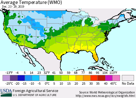 United States Average Temperature (WMO) Thematic Map For 12/23/2019 - 12/29/2019
