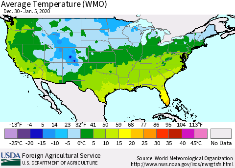 United States Average Temperature (WMO) Thematic Map For 12/30/2019 - 1/5/2020