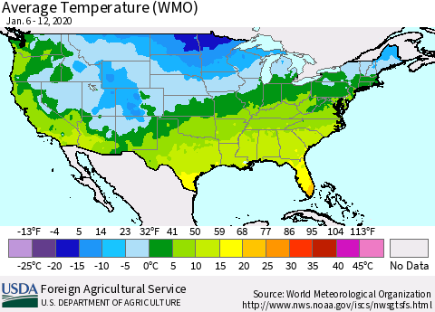 United States Average Temperature (WMO) Thematic Map For 1/6/2020 - 1/12/2020
