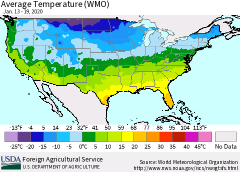 United States Average Temperature (WMO) Thematic Map For 1/13/2020 - 1/19/2020