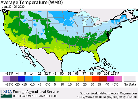 United States Average Temperature (WMO) Thematic Map For 1/20/2020 - 1/26/2020